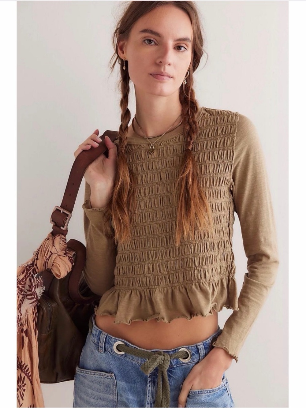 We The Free Olive Smocked Ruffle Hem Long Sleeve Top